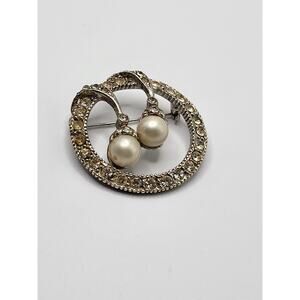 Vintage Faux Pearl Rhinestone Circle Brooch Silver Tone Mid Century